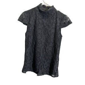Zara Trafaluc M Gray Lace High Neck Cap‎ Sleeve Top